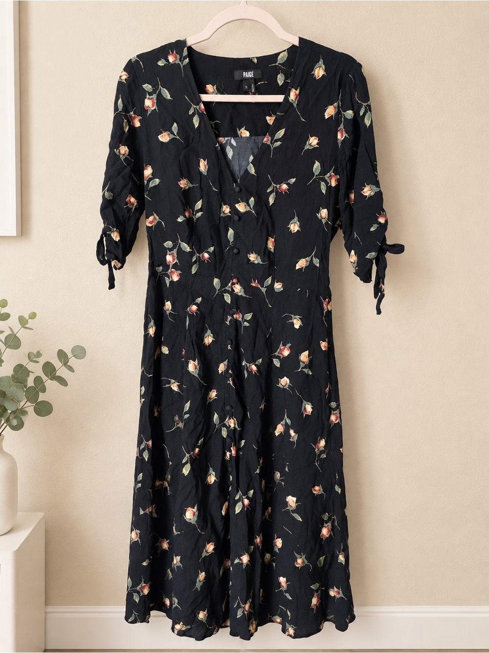 PAIGE Black Midi Dress with Rose Bud Print